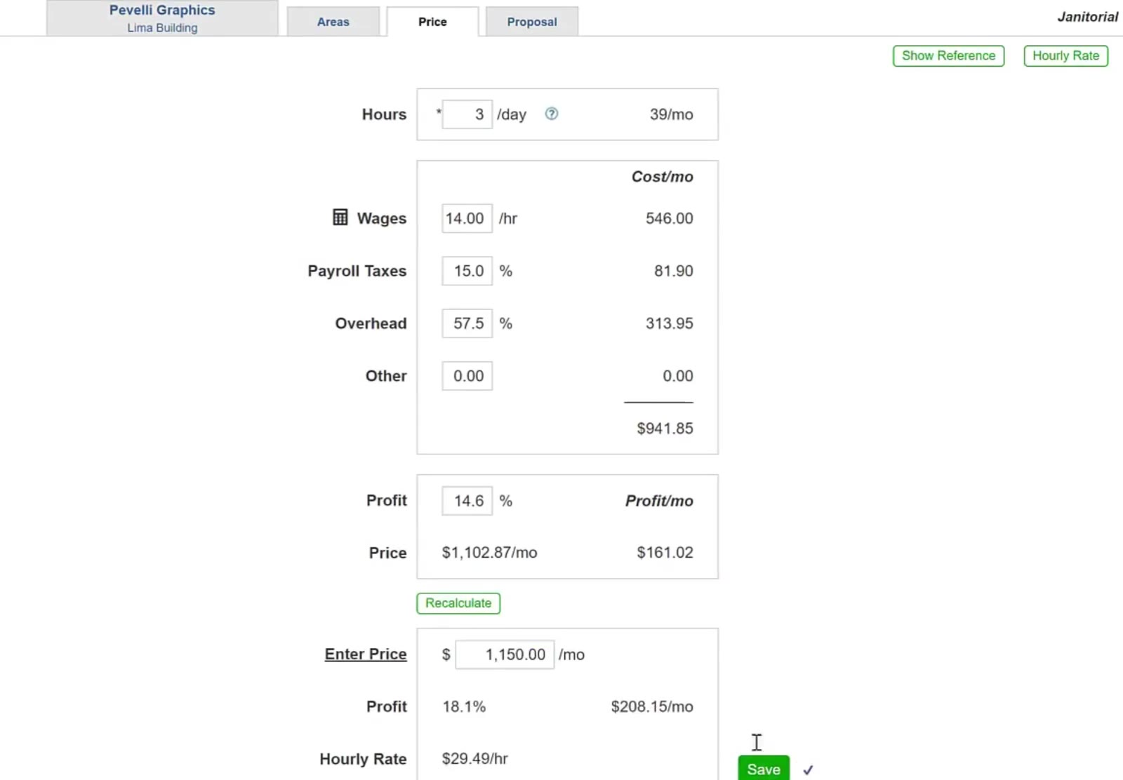 After Save, the profit percentage and hourly rate reflect the price you set.