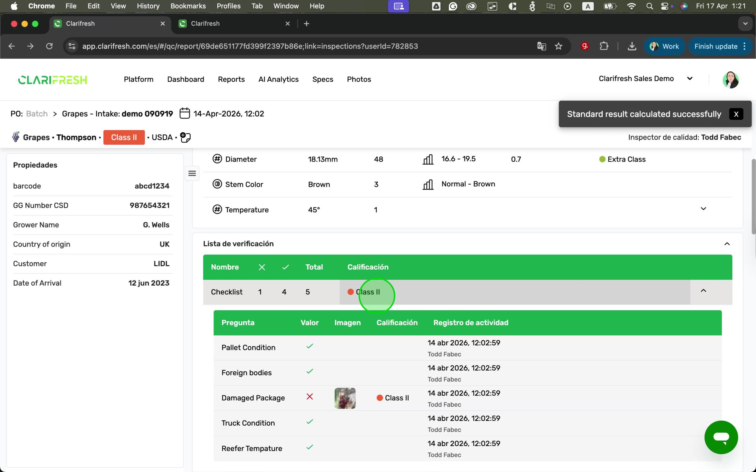 Verified inspection results showing the updated grade