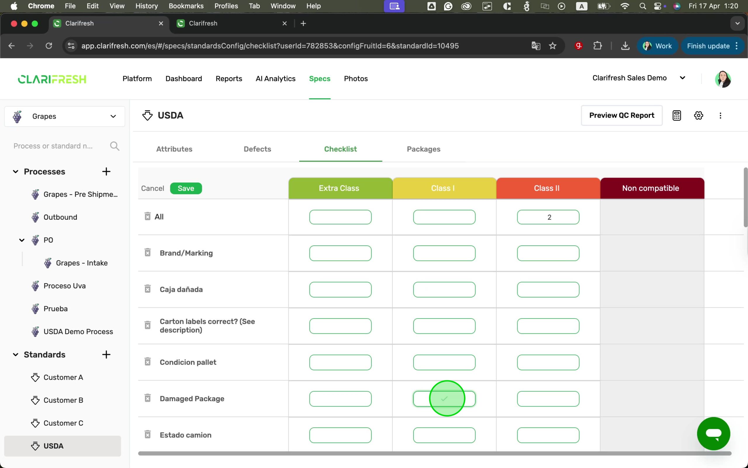 Checklist logic grid in specification settings