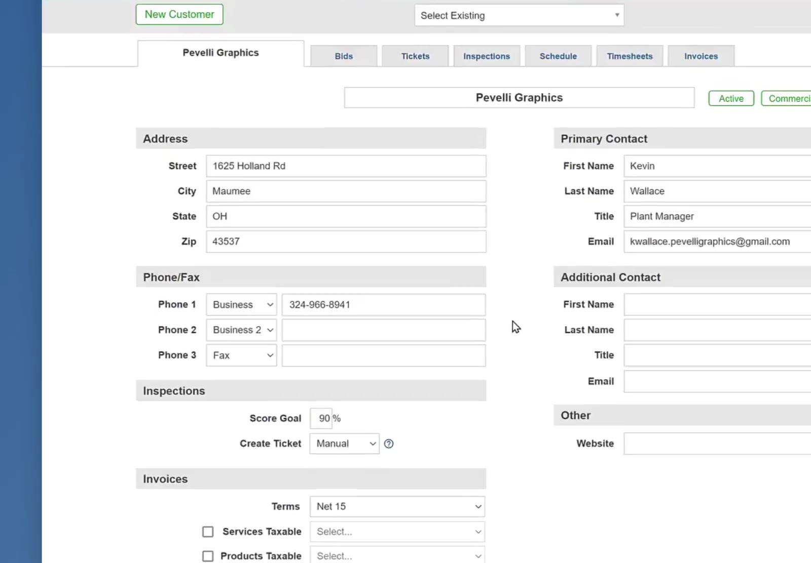 The Inspections section sits on the left of the customer record, below Phone/Fax.