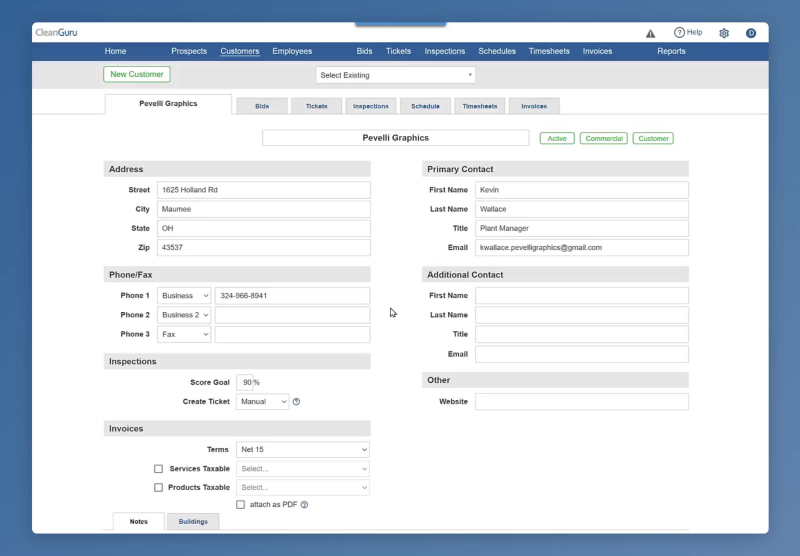 Customers sits in the top menu, with Select Existing above the customer record.