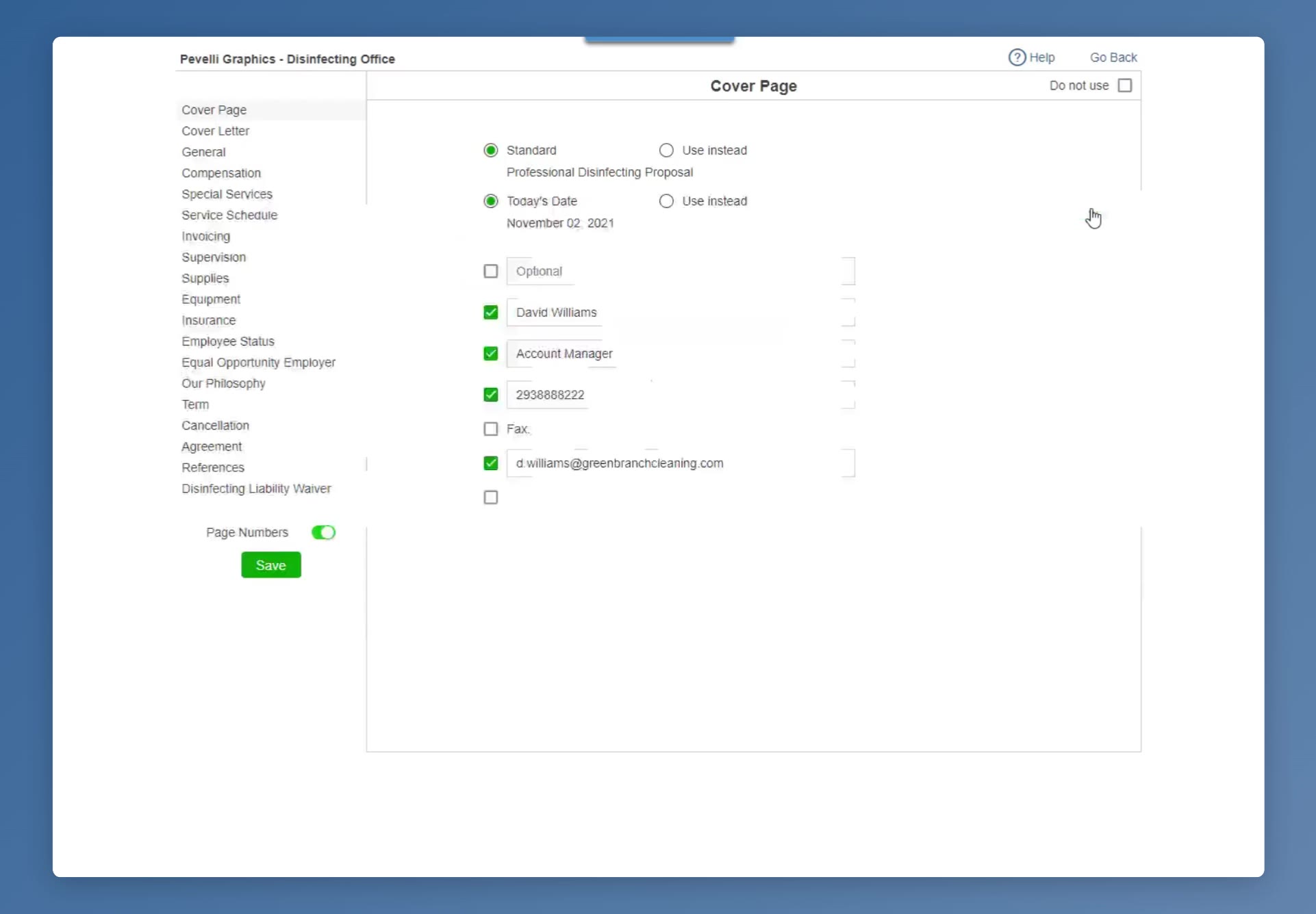 The proposal Options screen: the section list on the left, the selected section’s wording on the right, Do not use at its top right, and the Page Numbers toggle above Save.