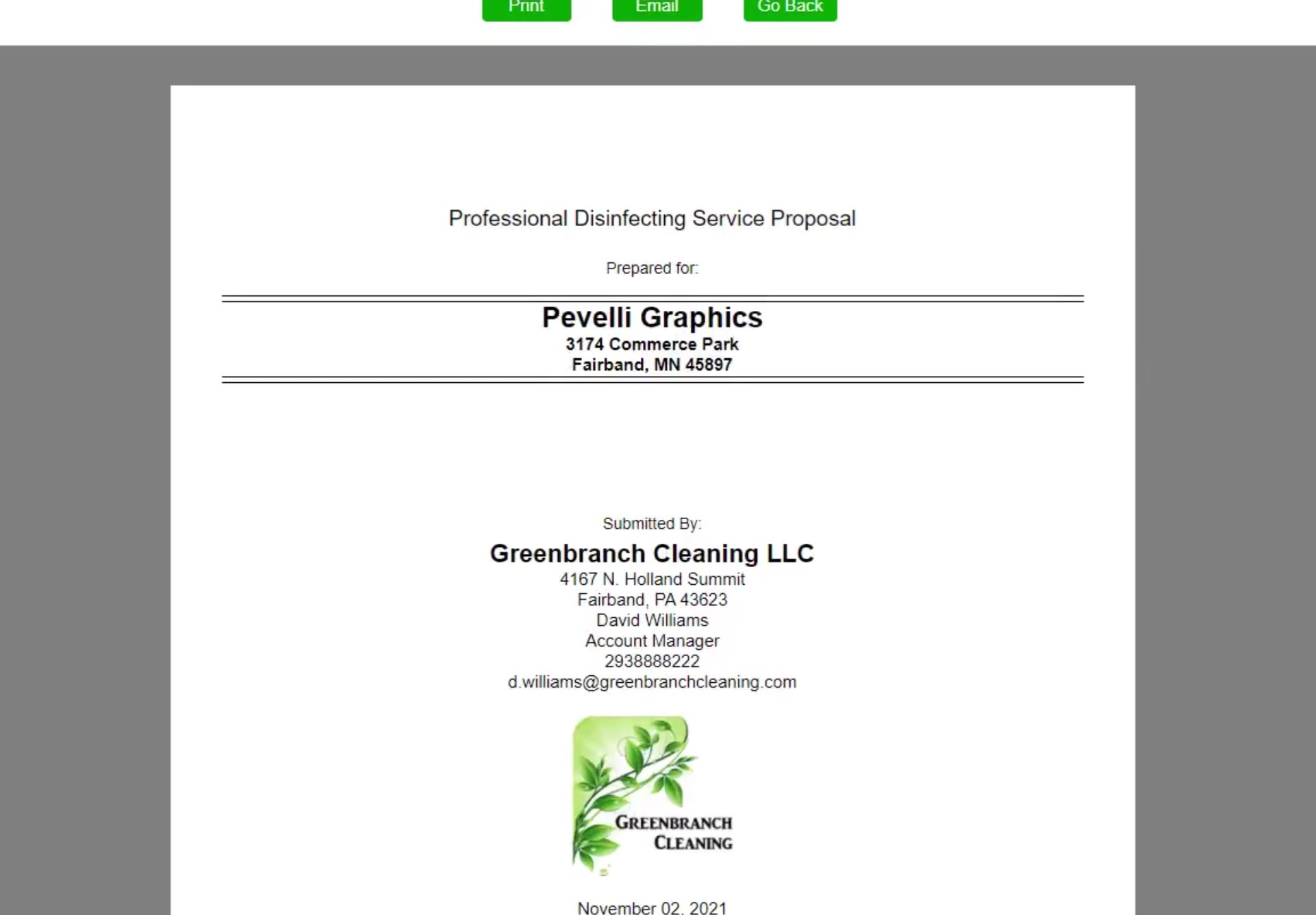 The proposal opens on its cover page, carrying your company details and logo.