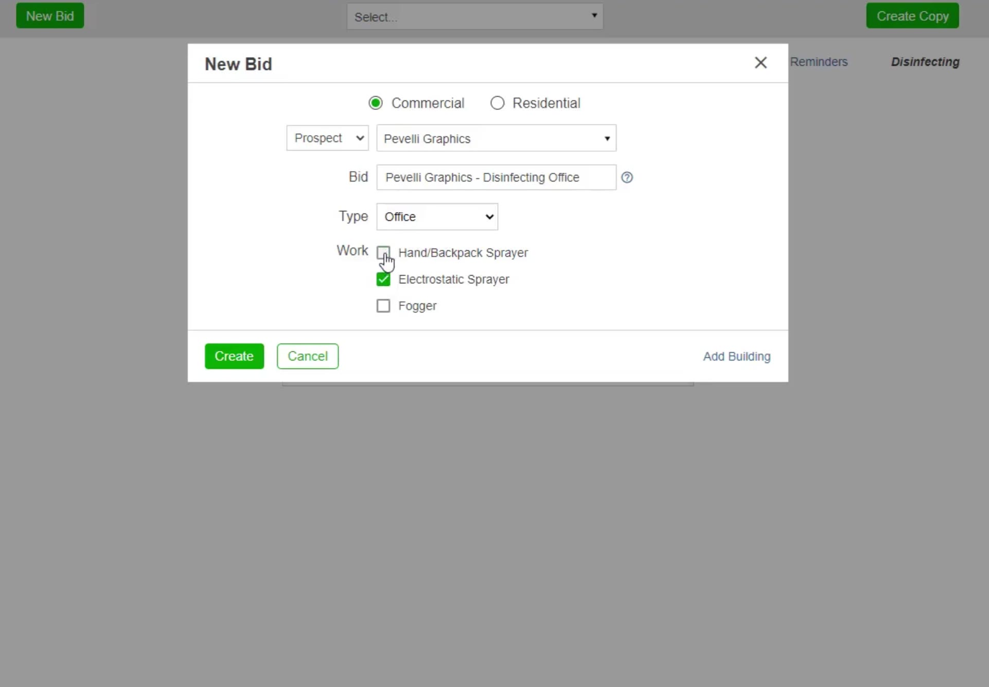 The New Bid dialog: Commercial or Residential, the prospect or customer, a bid name, the building Type, and the equipment you will use under Work.