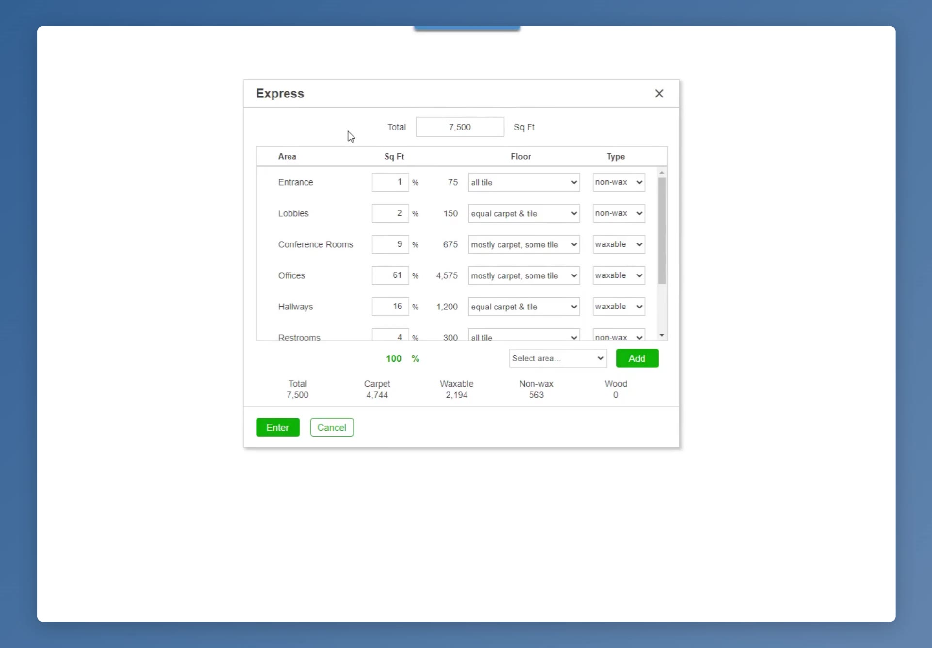 Express spreads the total square footage across the standard areas. Each Sq Ft figure is a percentage, and the running total turns green at 100%.