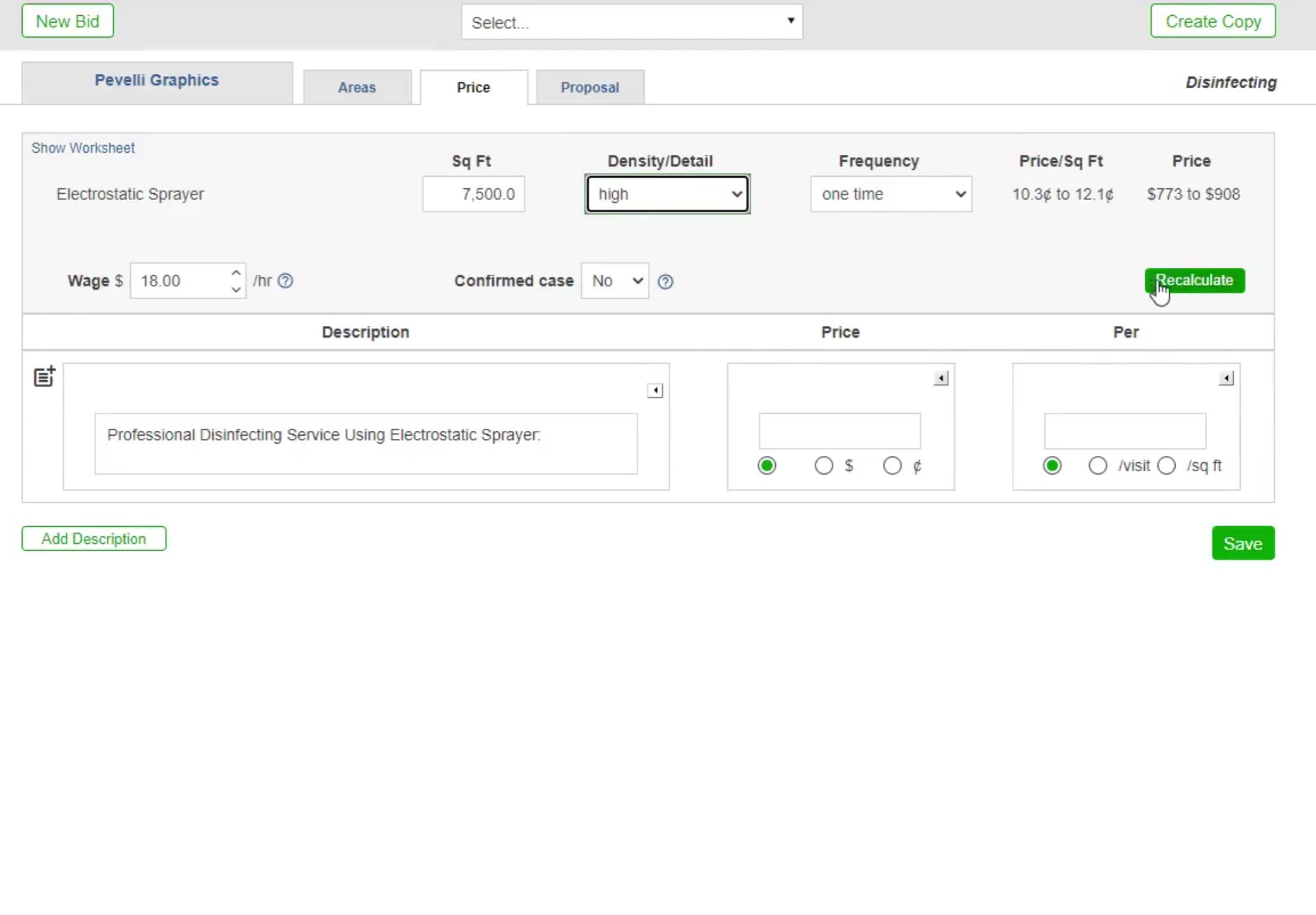 On the Price tab, wage, density and frequency drive the recommended price range.