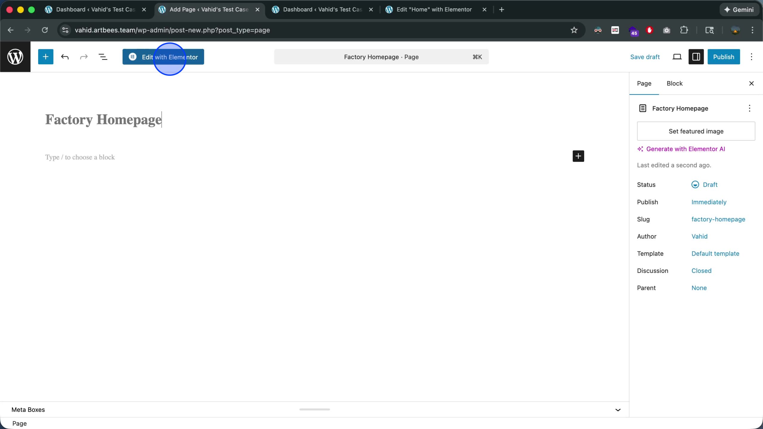 WordPress page editor showing the Edit with Elementor button