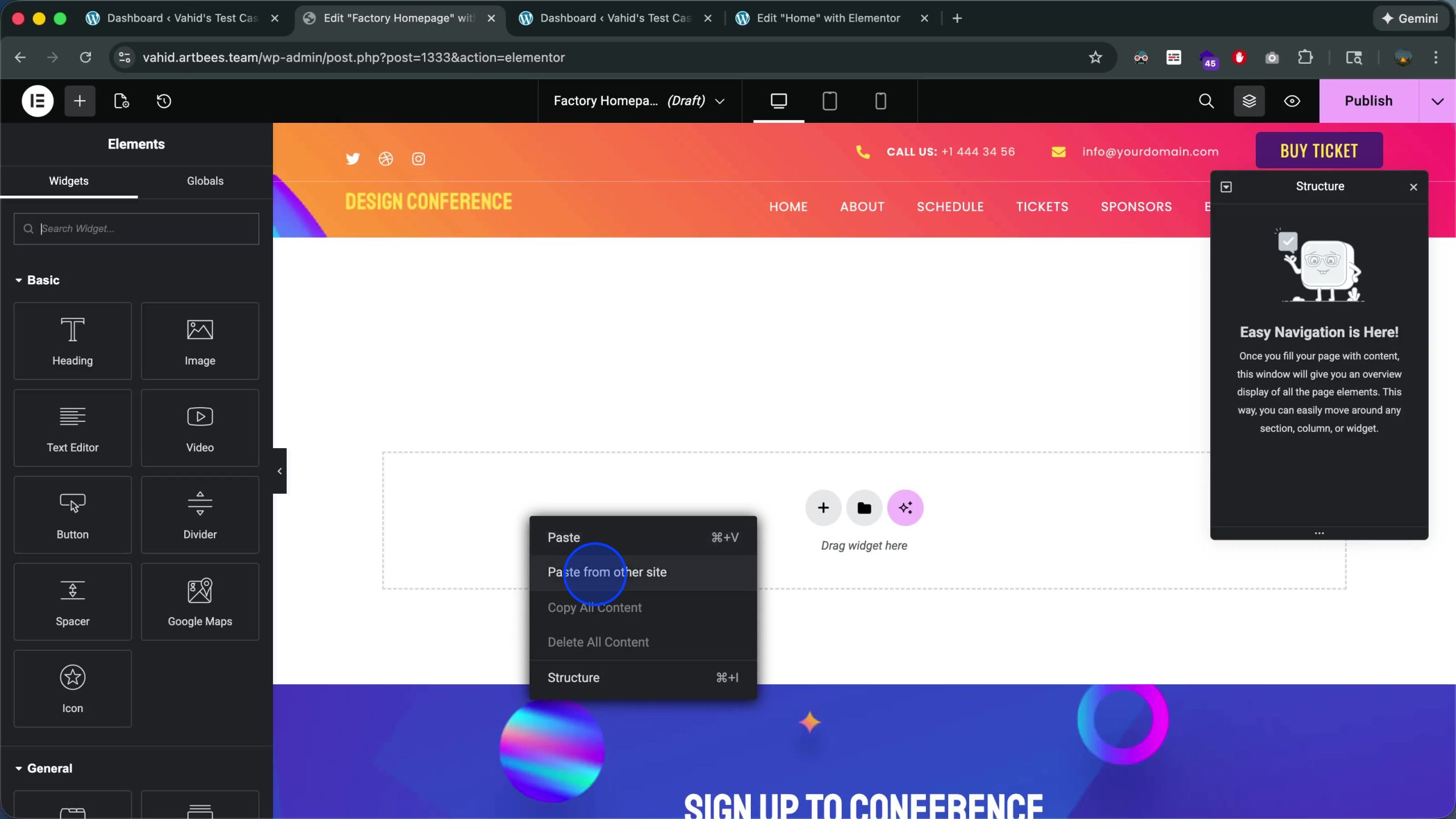 Elementor editor showing the paste confirmation dialog