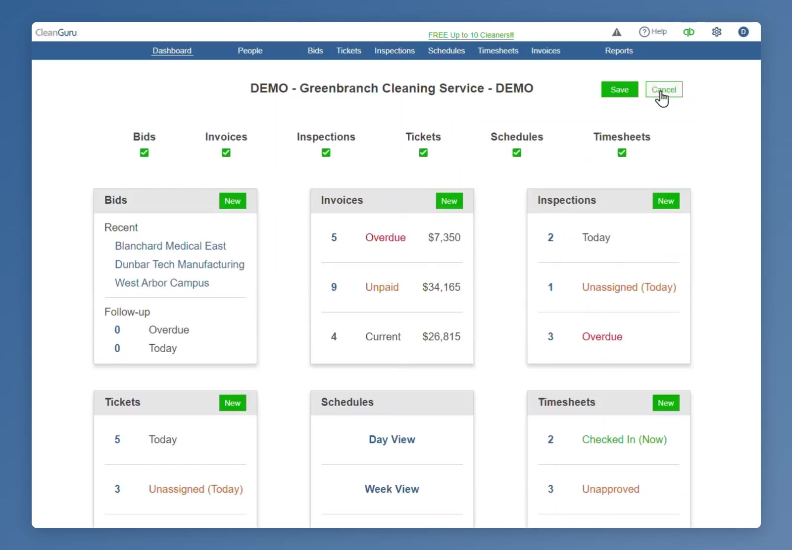 In edit mode the module names run across the top with a green checkmark under each, and Save and Cancel replace Edit Dashboard.