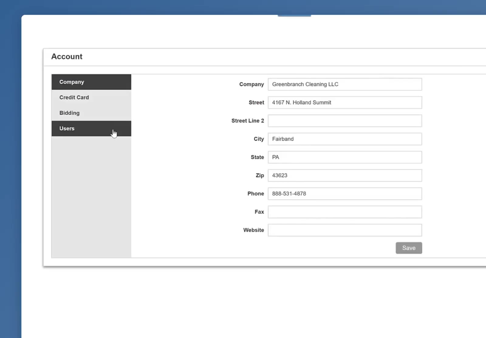 The Account window, with Users the last of the four tabs on the left.