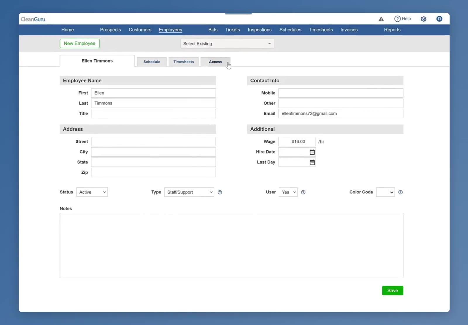 The employee record, with Access alongside Schedule and Timesheets.