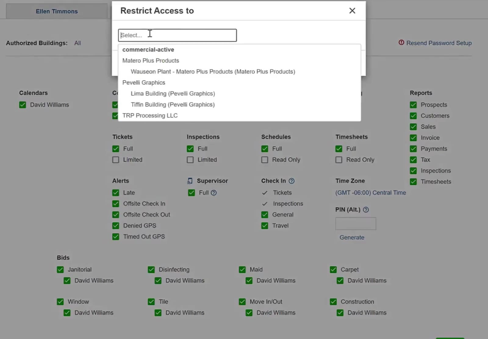 Restrict Access to lists each customer with that customer’s buildings underneath.