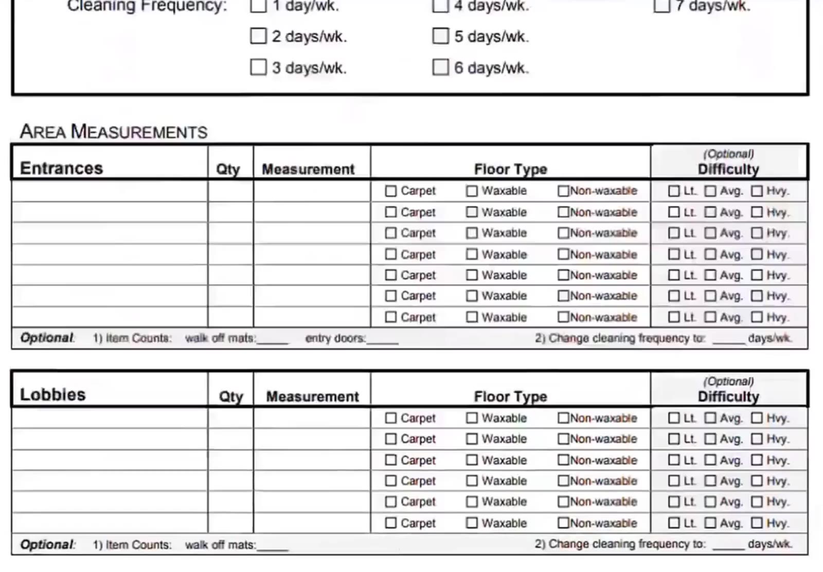 Cleaning Frequency sits above the area measurements.