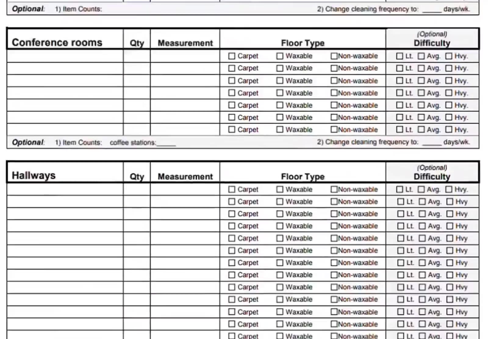 Each area block takes a quantity, a measurement, a floor type and a difficulty.
