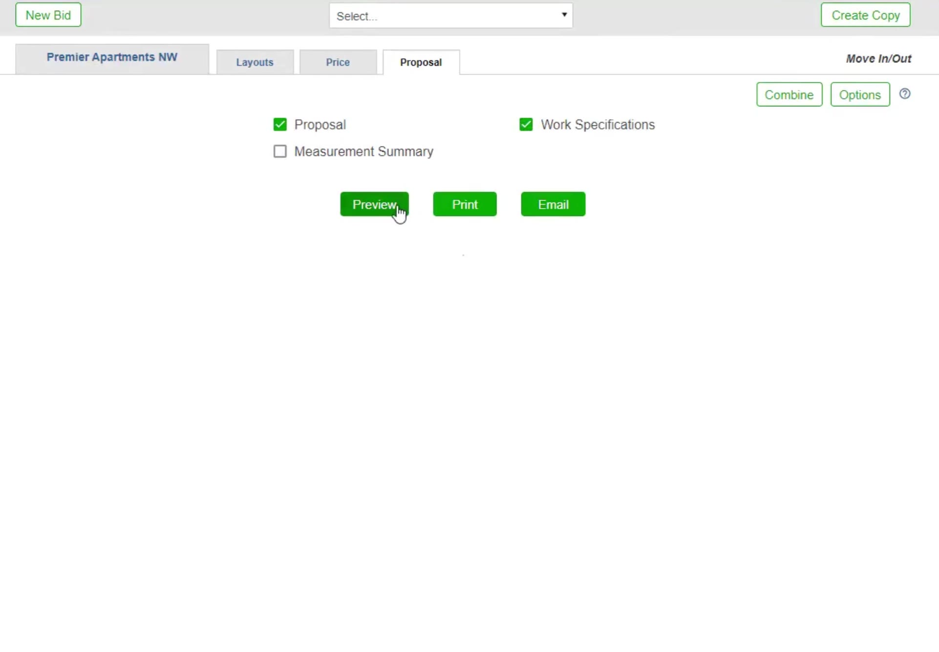 The Proposal tab: tick the documents you want, with Combine and Options at the top right.