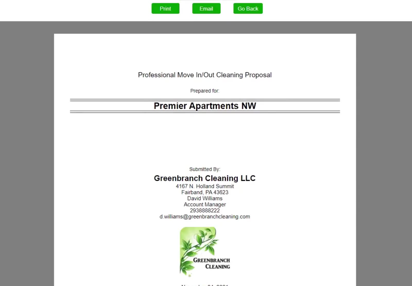 The proposal opens on its cover page, carrying your company details and logo.