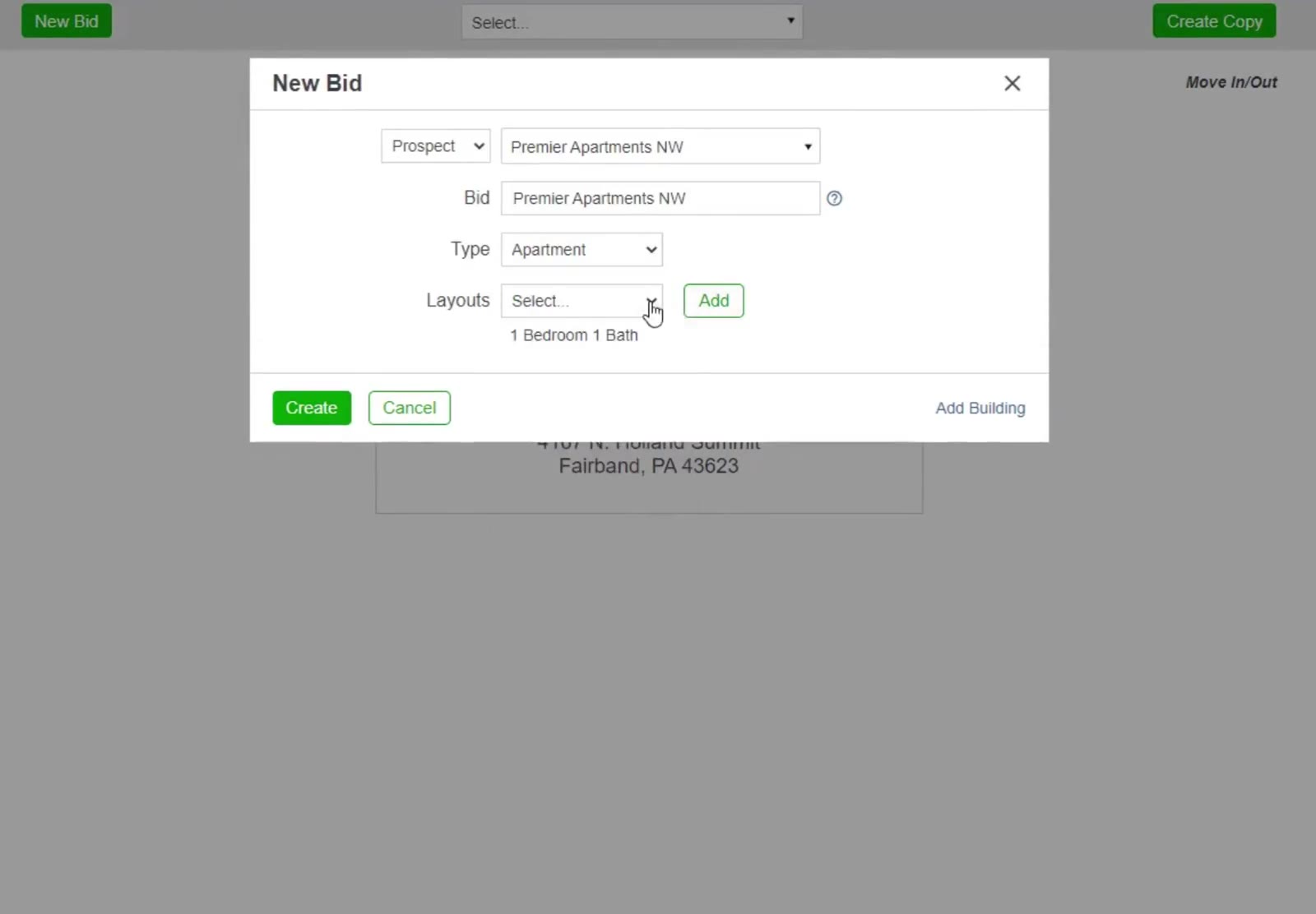 The New Bid dialog: the prospect or customer, a bid name, the property type, and the unit layouts you add one at a time.