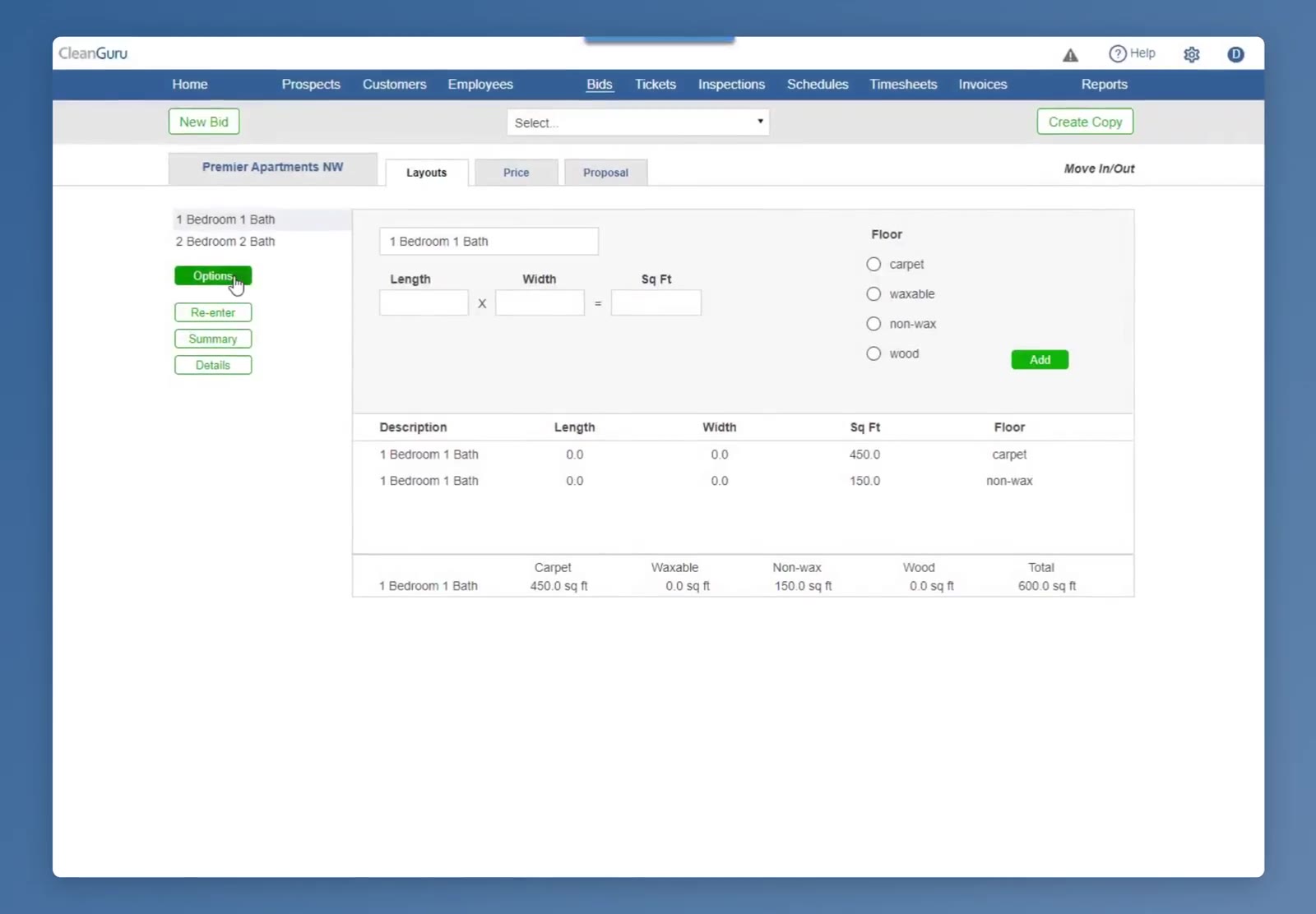 Once the measurements are applied, the Layouts tab lists each layout and totals it by floor type.