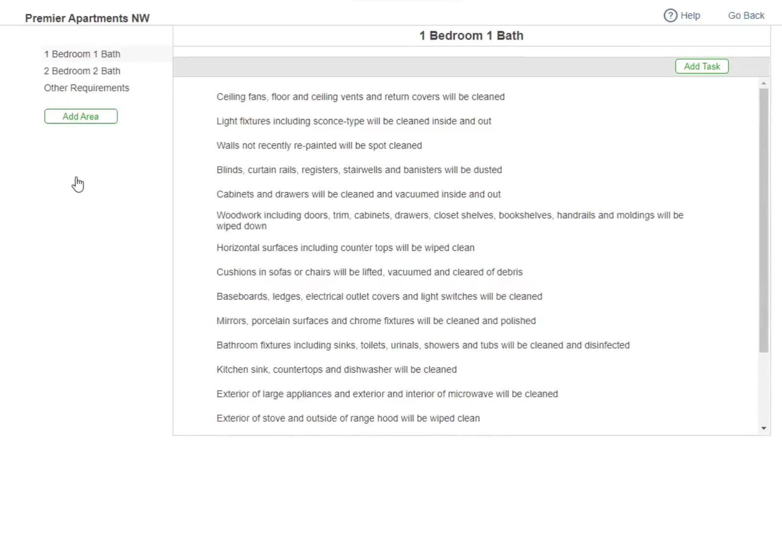 Each layout has its own task list, with Add Task for anything you want to add.