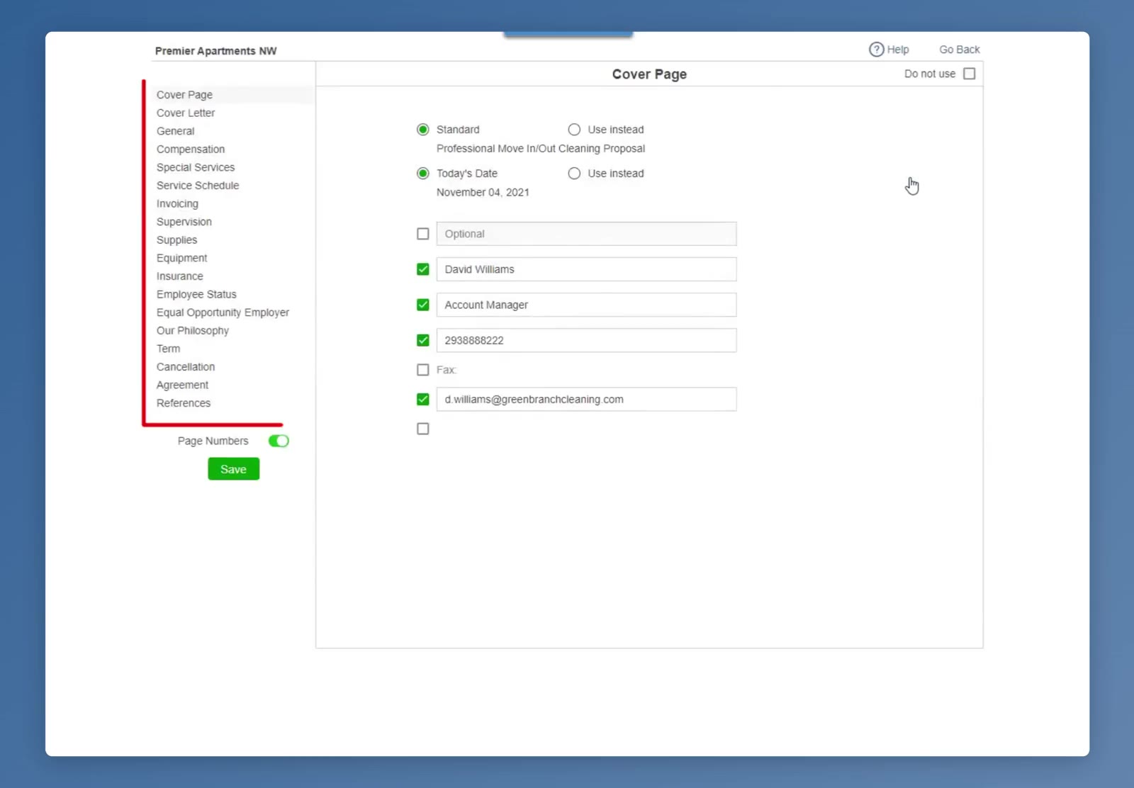 The proposal Options screen: the section list on the left, the selected section’s wording on the right, Do not use at its top right, and the Page Numbers toggle above Save.