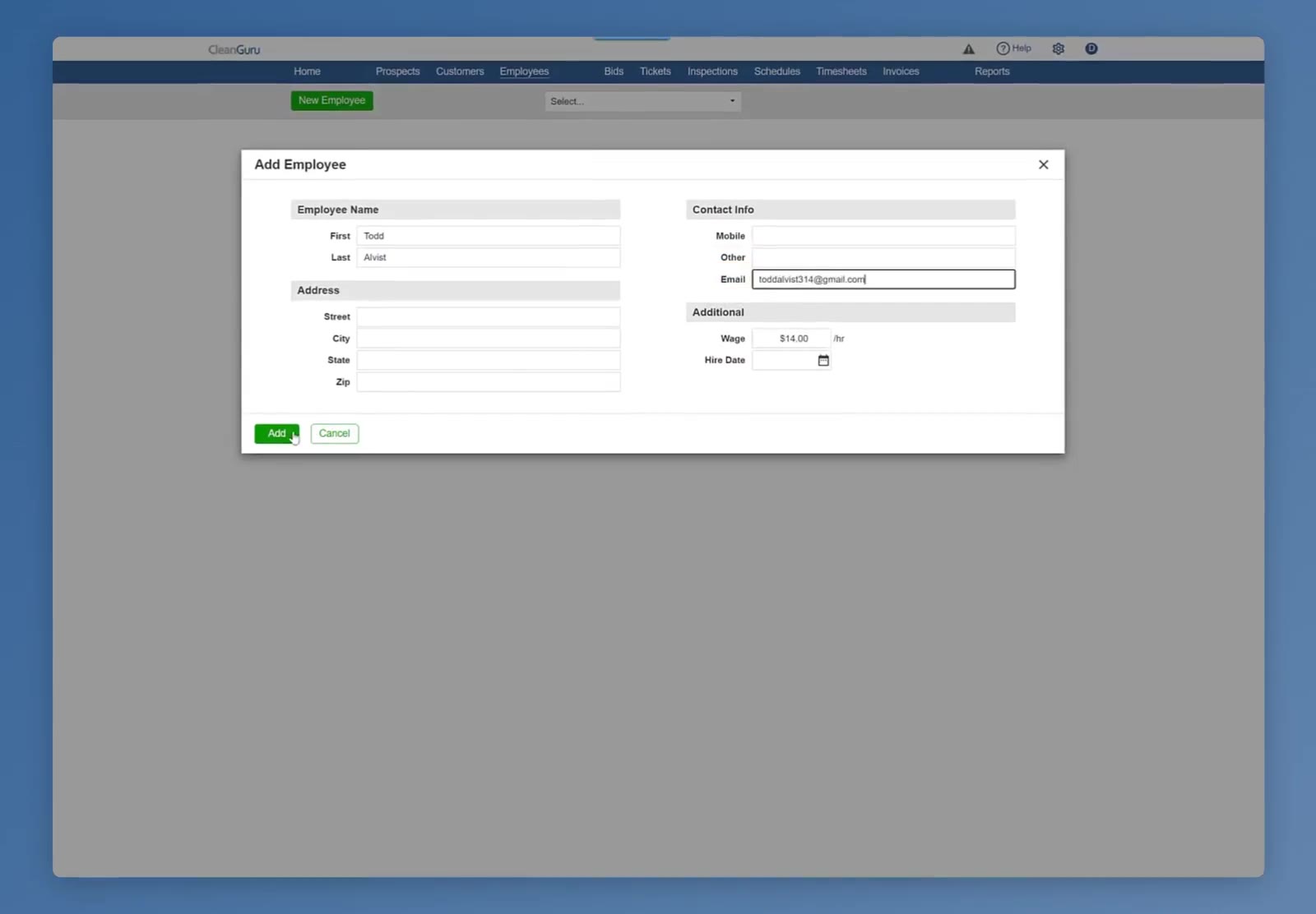 The Add Employee form displays the name, email, and wage fields completed before adding the employee.