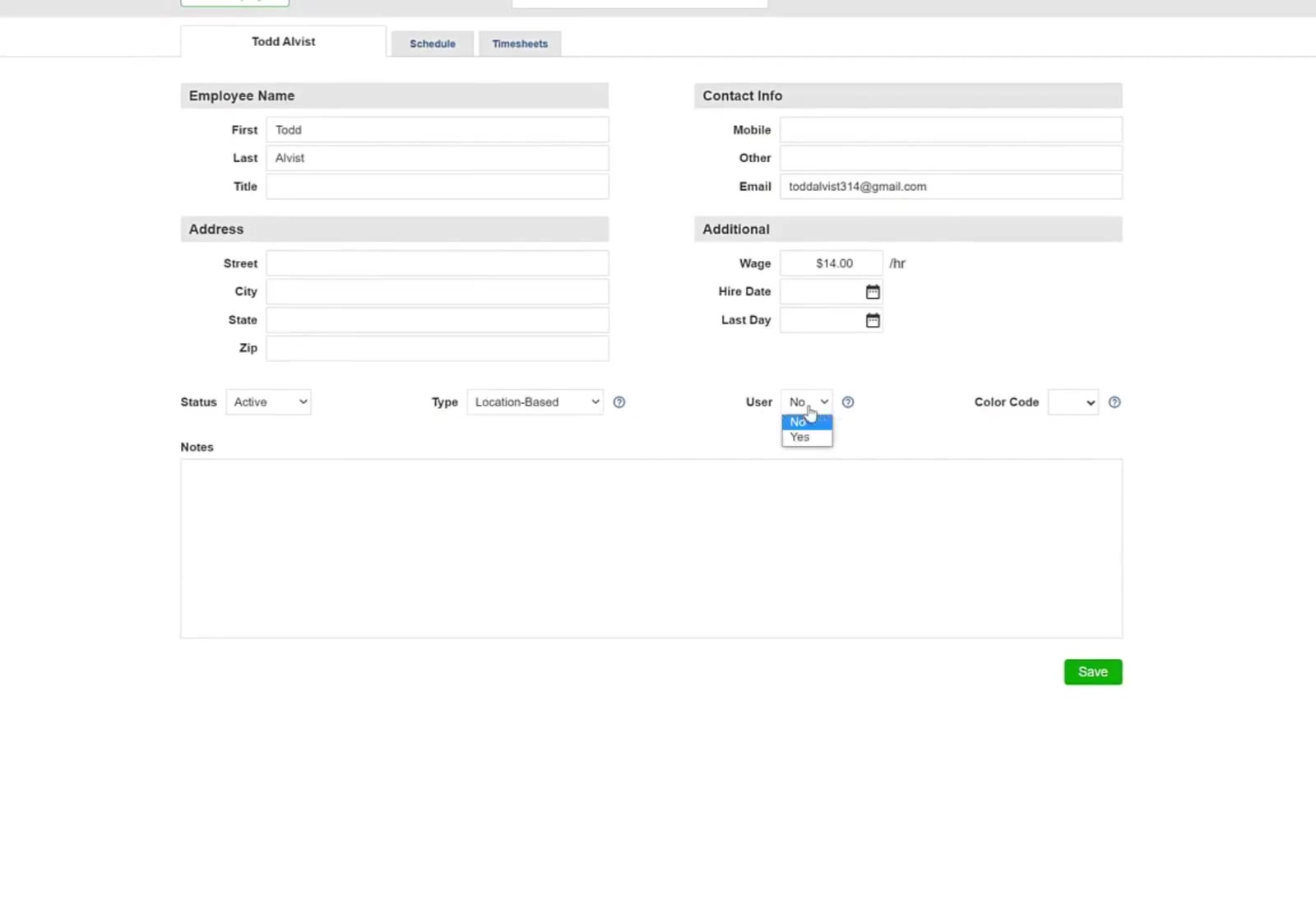 Set Type to Location-Based and select Yes from the User dropdown.