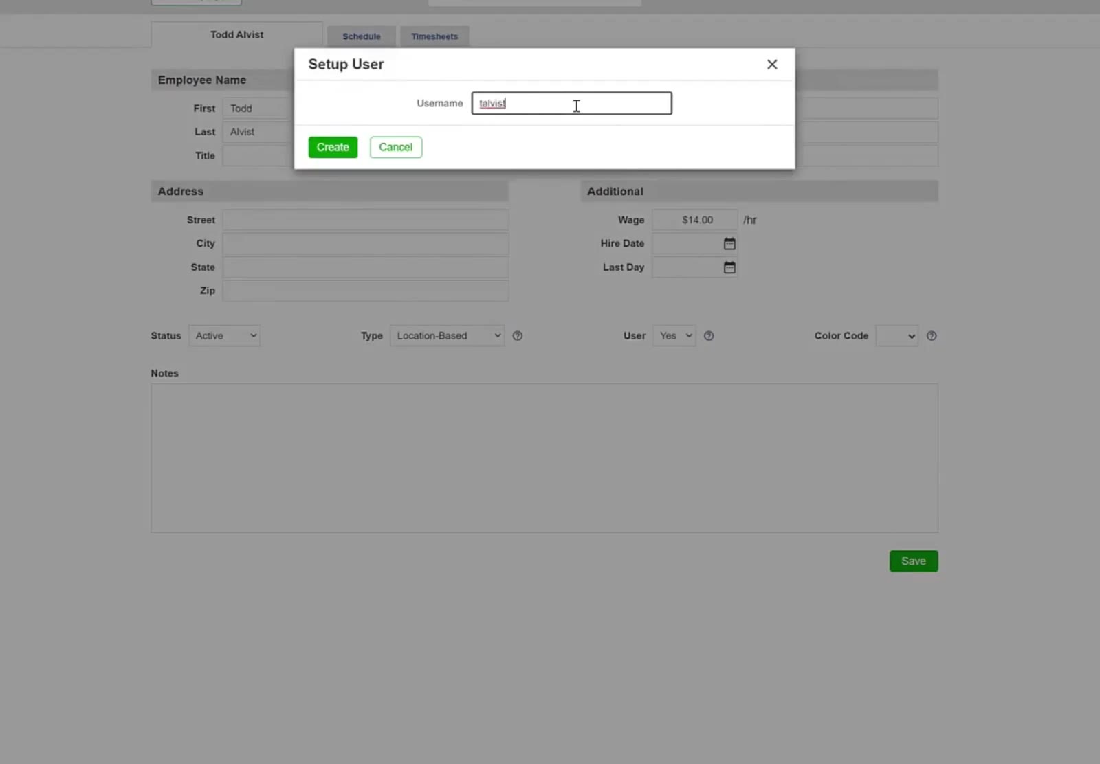 The Setup User modal showing the unique username entered for the employee account.