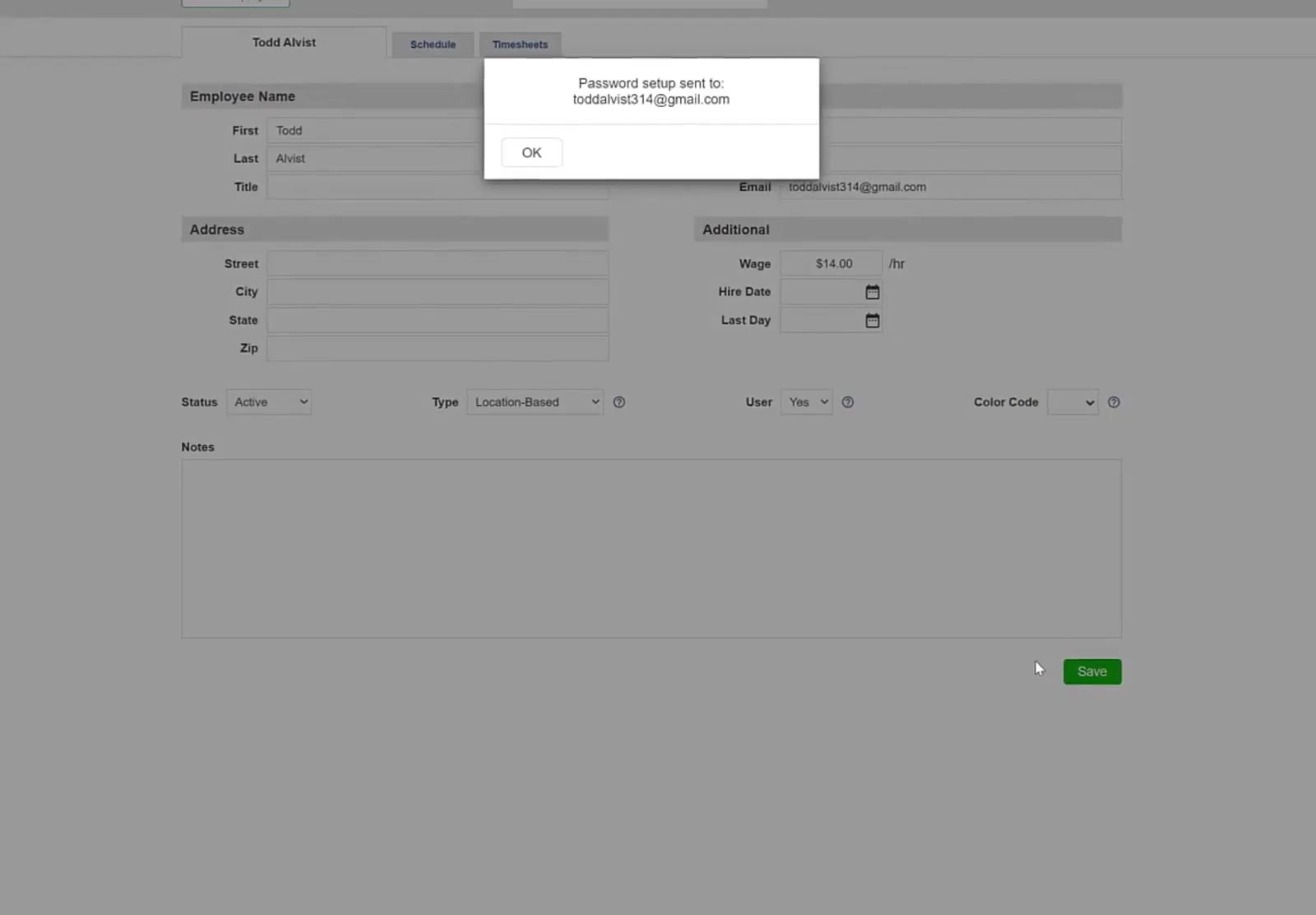 A confirmation message verifies that the password setup email has been sent to the employee.