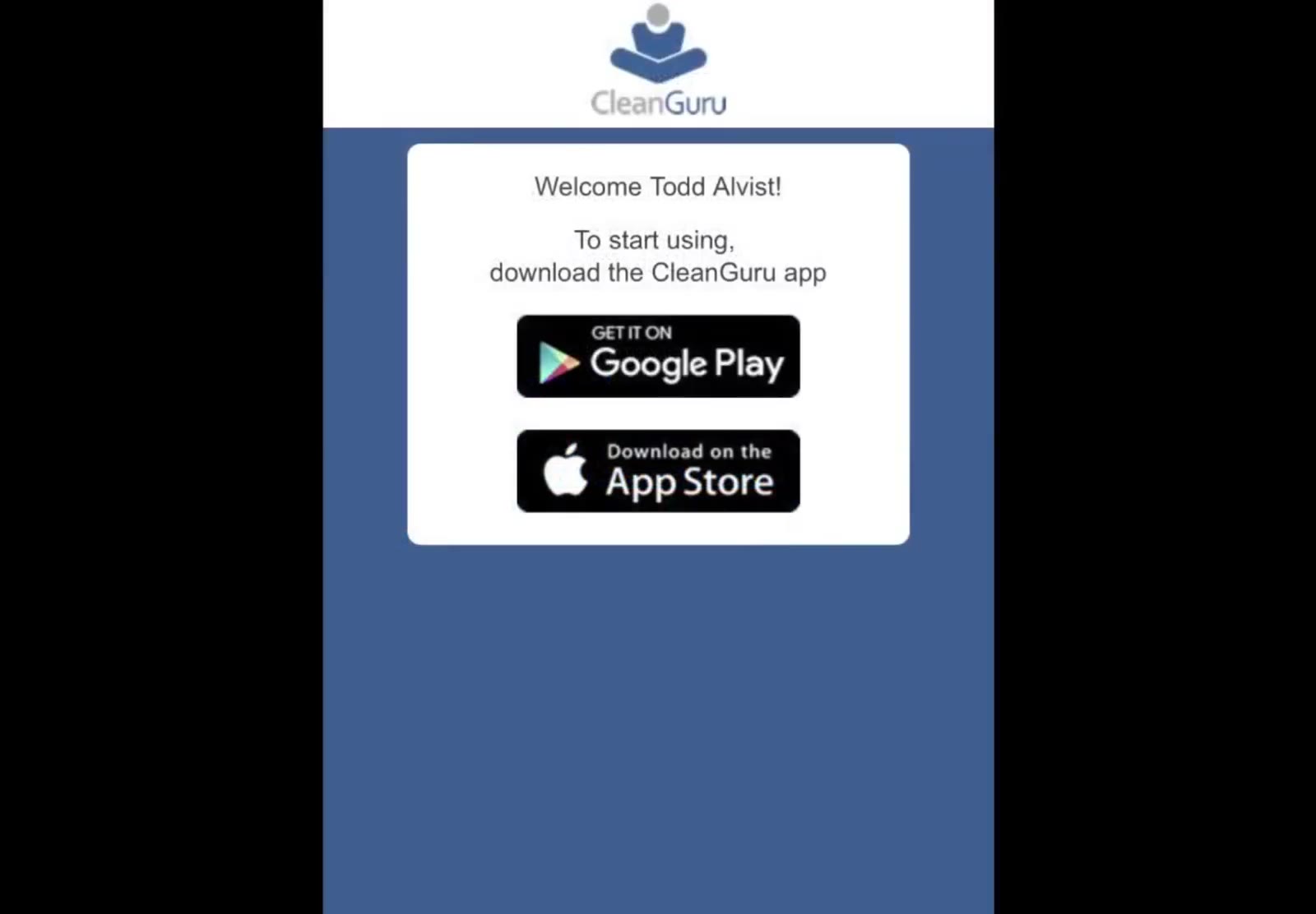 The welcome page provides links to download the CleanGuru app.