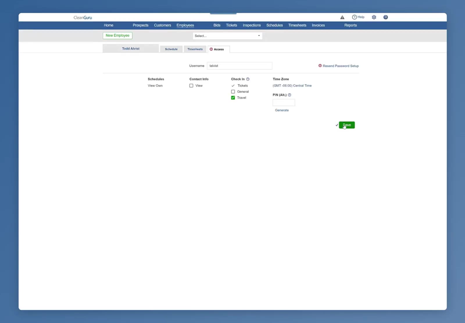 The Access tab displays selected permissions for viewing schedules and specific check-in methods.