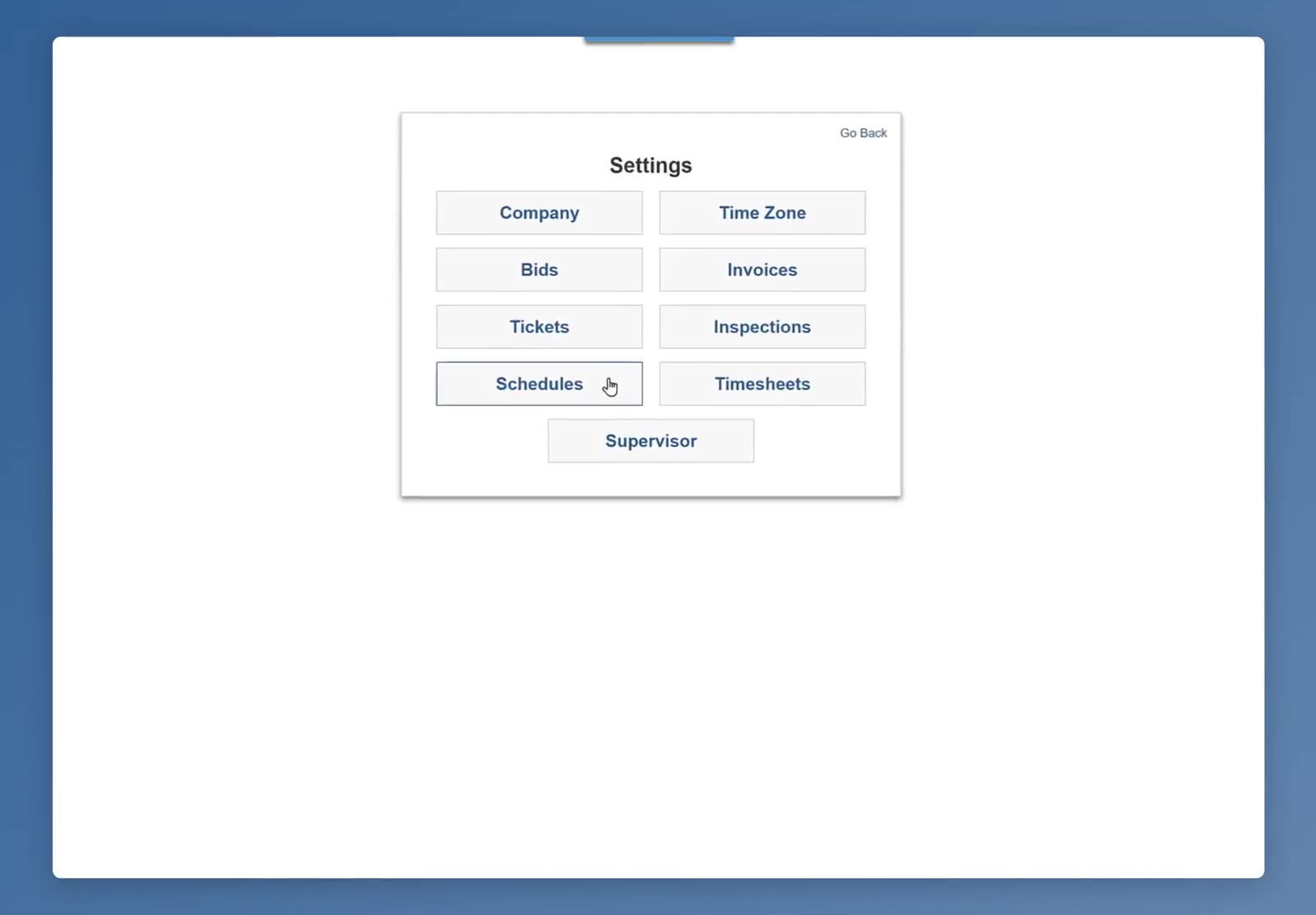 The Settings panel. Schedules holds the workday setting.