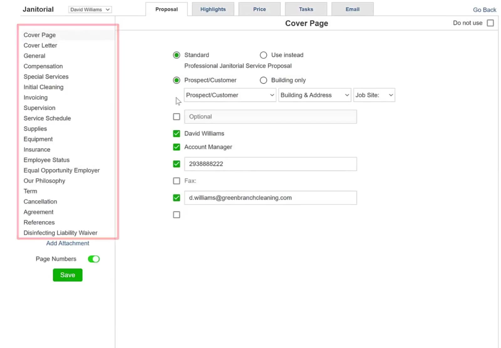 The sidebar holds all the proposal sections, with the green Save button underneath.