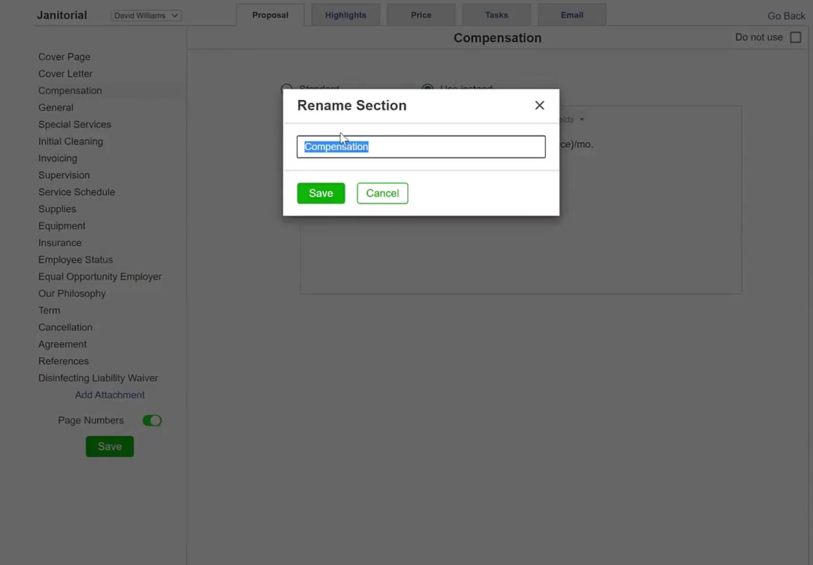 Renaming Compensation to Billing changes it everywhere that section appears.
