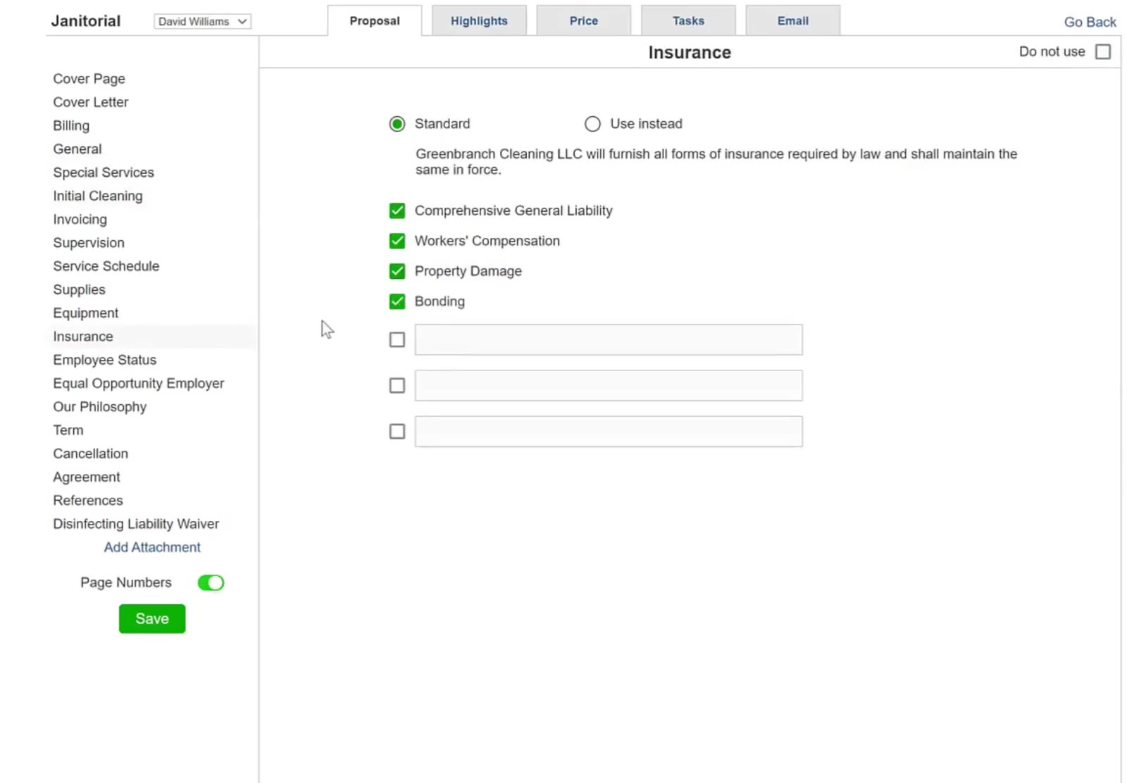 Insurance has its own checkboxes and three blank rows for anything you want to add.