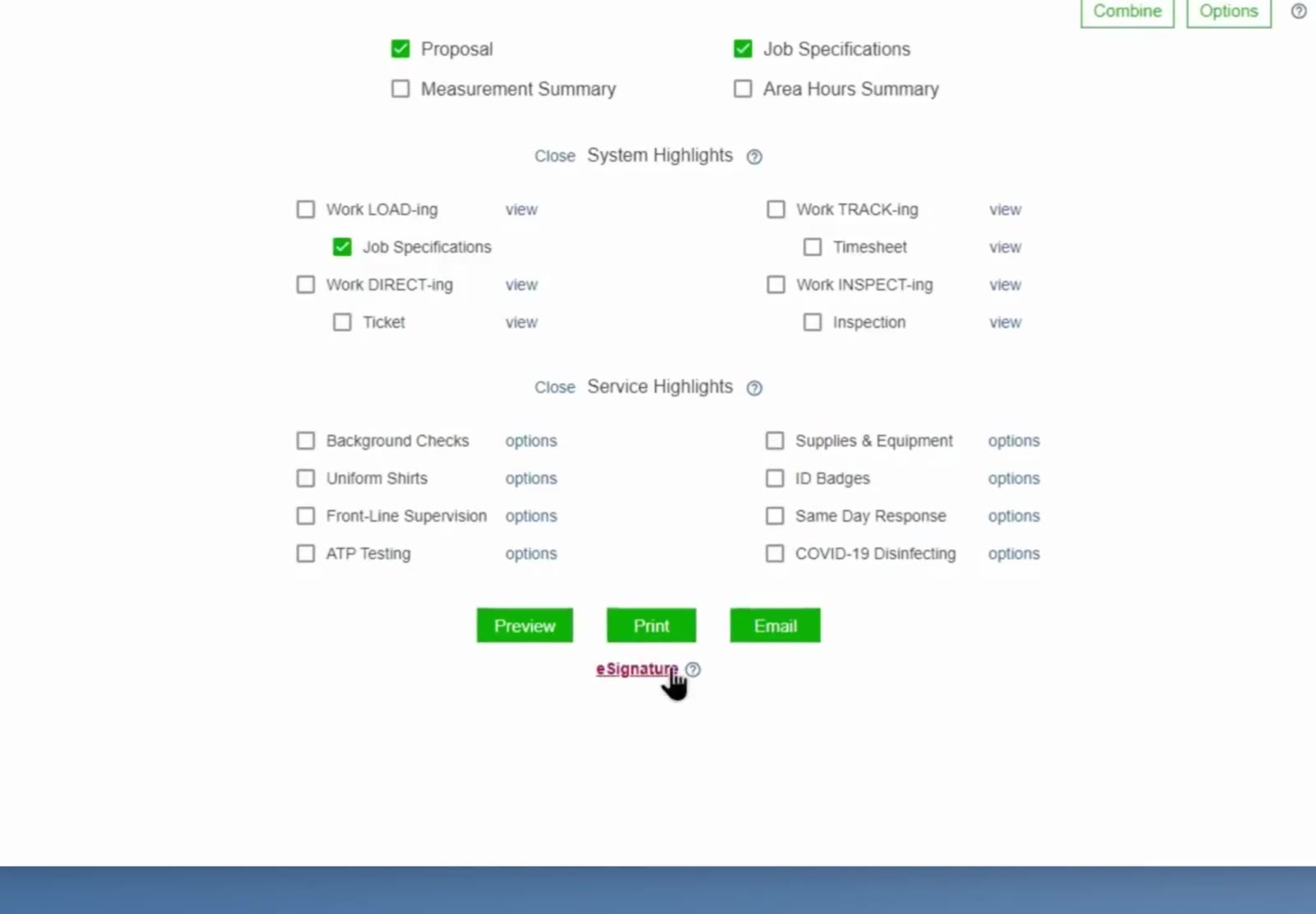 The eSignature link sits below the Preview, Print, and Email buttons on the Proposal tab.