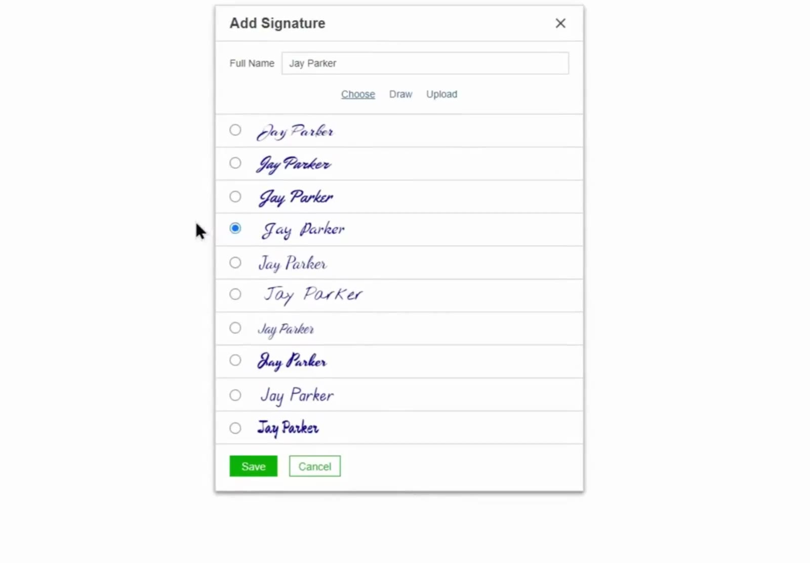 Type your name in Full Name, then select the radio button beside the style you want.