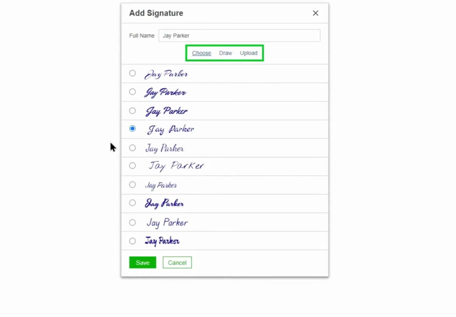 Choose, Draw, and Upload are the three ways to create the signature.