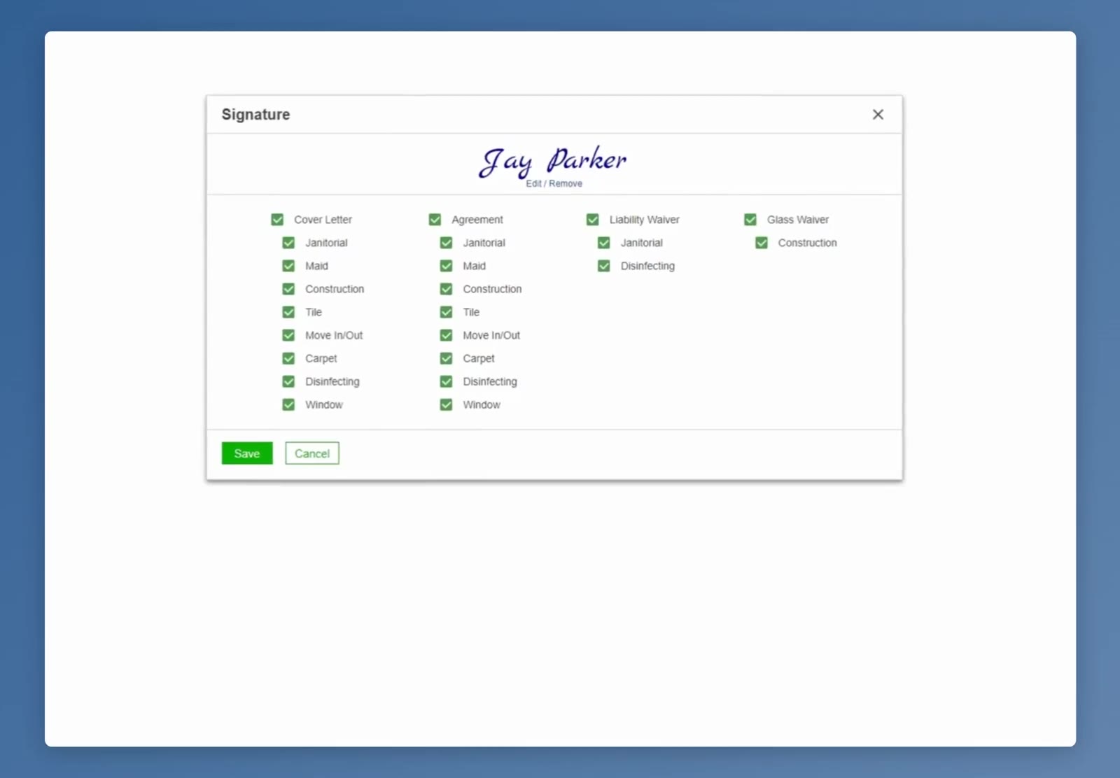 Each column is a document; the entries under it are the service types that use it.