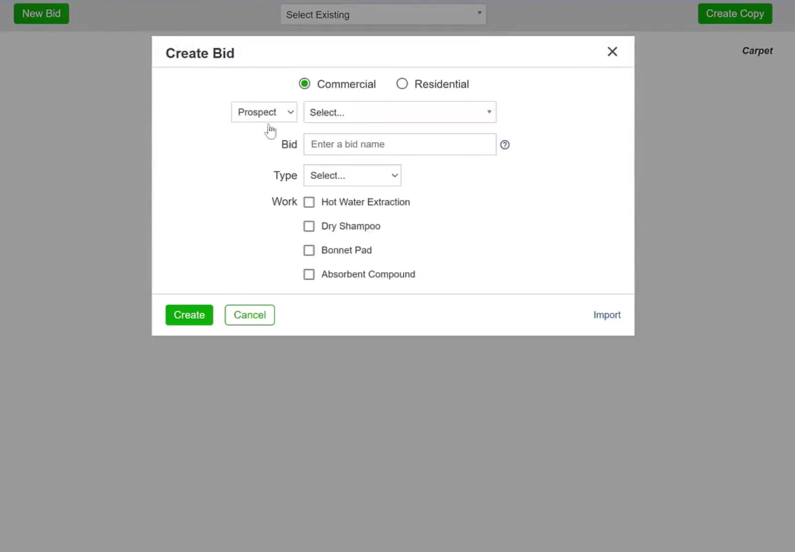 The Create Bid box, with the Import link at its bottom right.