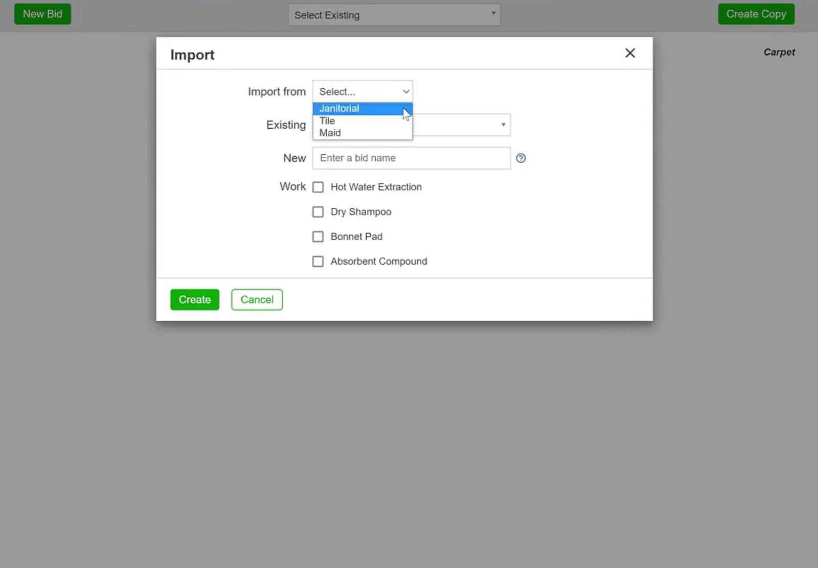 Import from lists the modules you can pull a bid from.