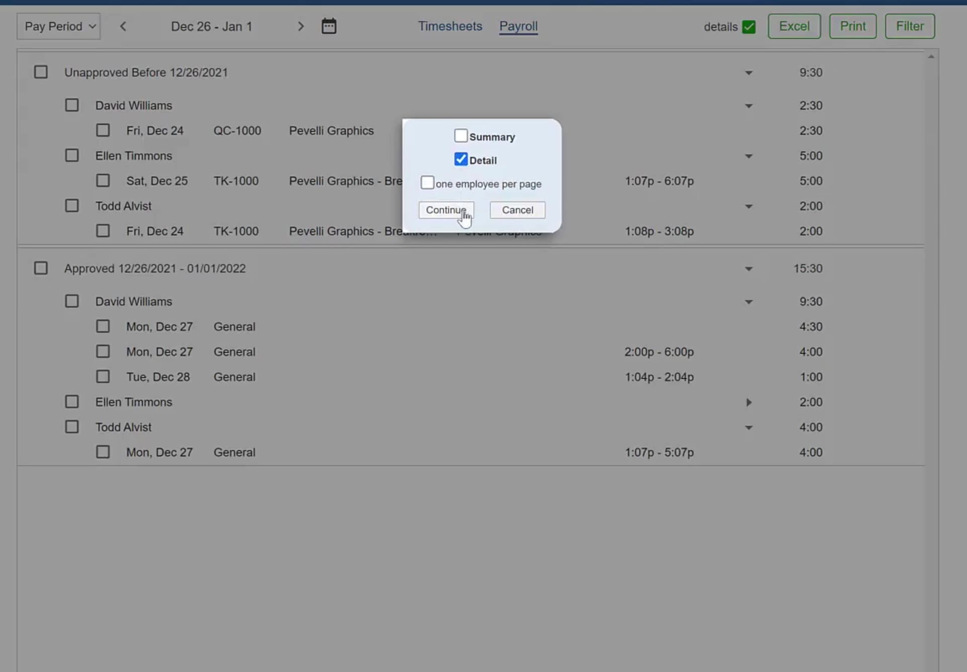 With Detail ticked, a third option appears: one employee per page.