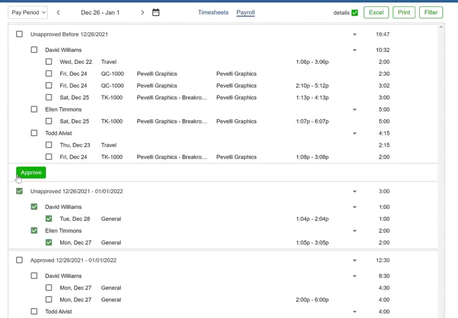 With details ticked, every entry is expanded — General and Travel time appear alongside ticket work.