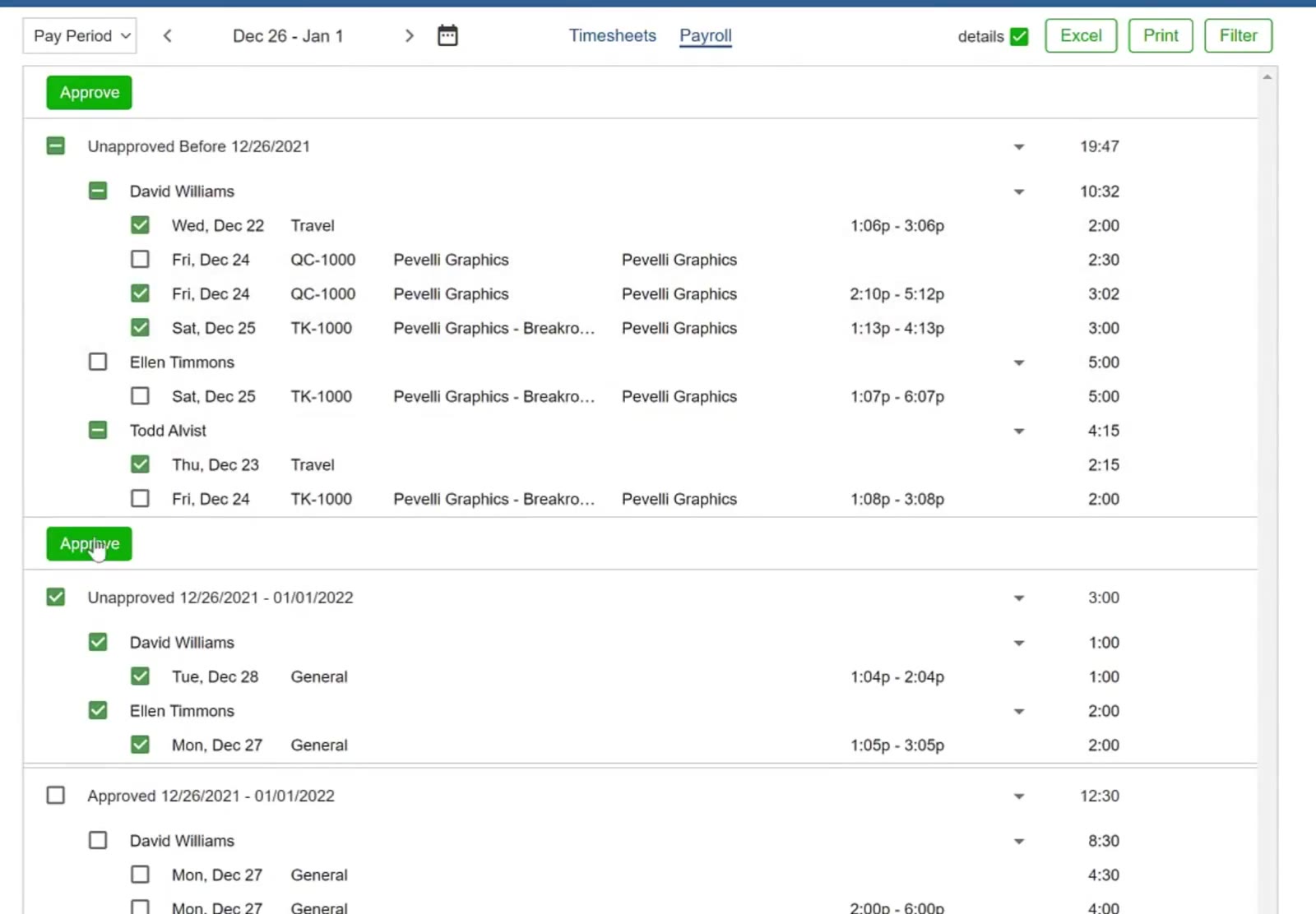 Ticked entries raise a green Approve button above their group.