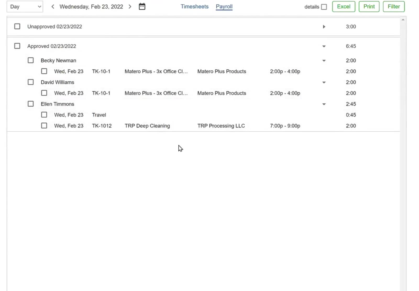 An employee expanded. Travel appears as its own entry, without a ticket number.