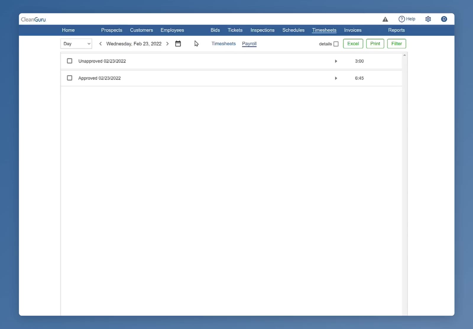 The Payroll view, with an Unapproved and an Approved group for the date.
