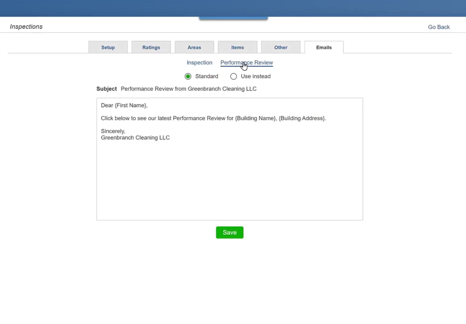 The Performance Review sub-tab holds its own subject and message.