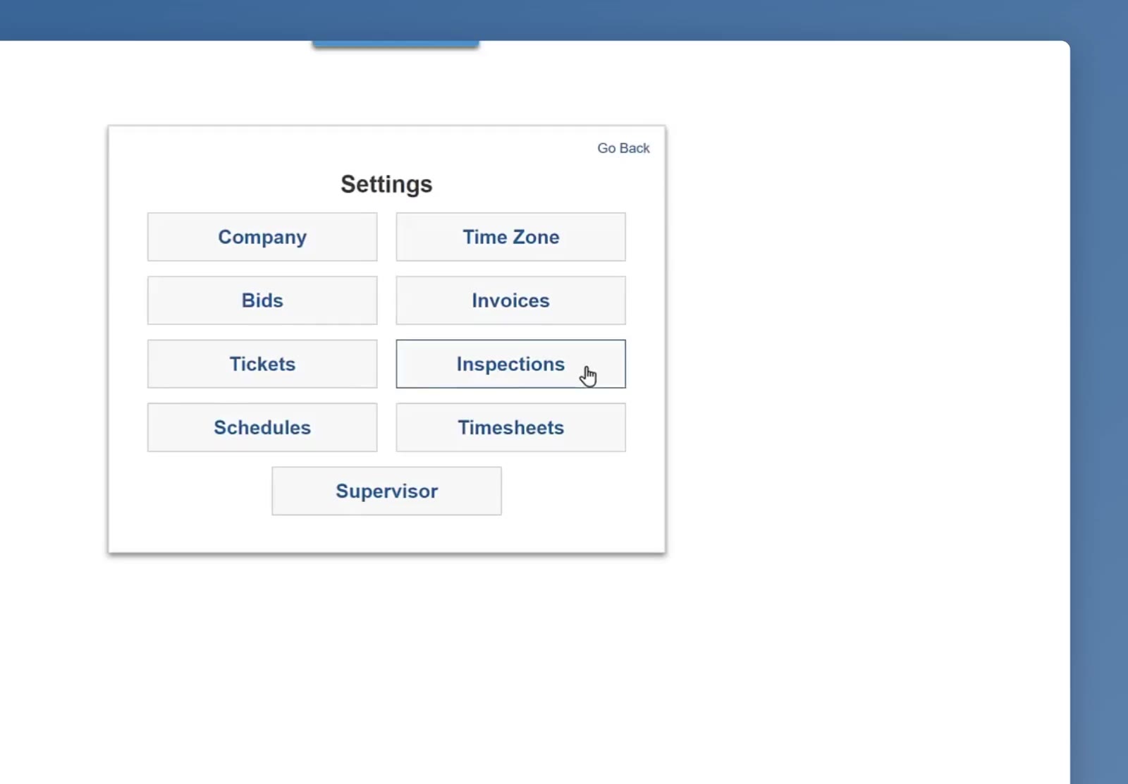 Inspections is one of the buttons on the Settings panel.