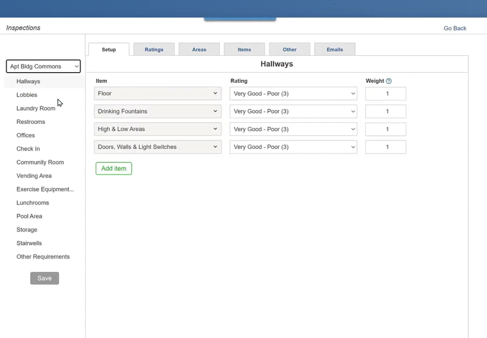 The Setup tab: the building type at the top left, its areas down the side, and each area's items with a Rating and a Weight.