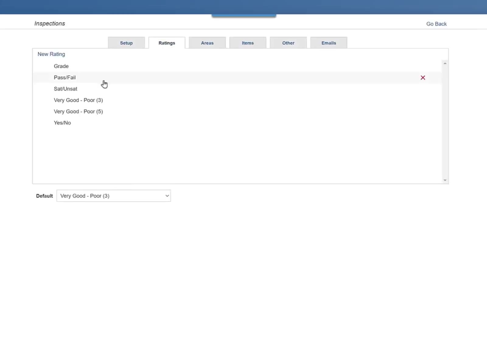The Ratings tab lists the scales, with a Default dropdown underneath.