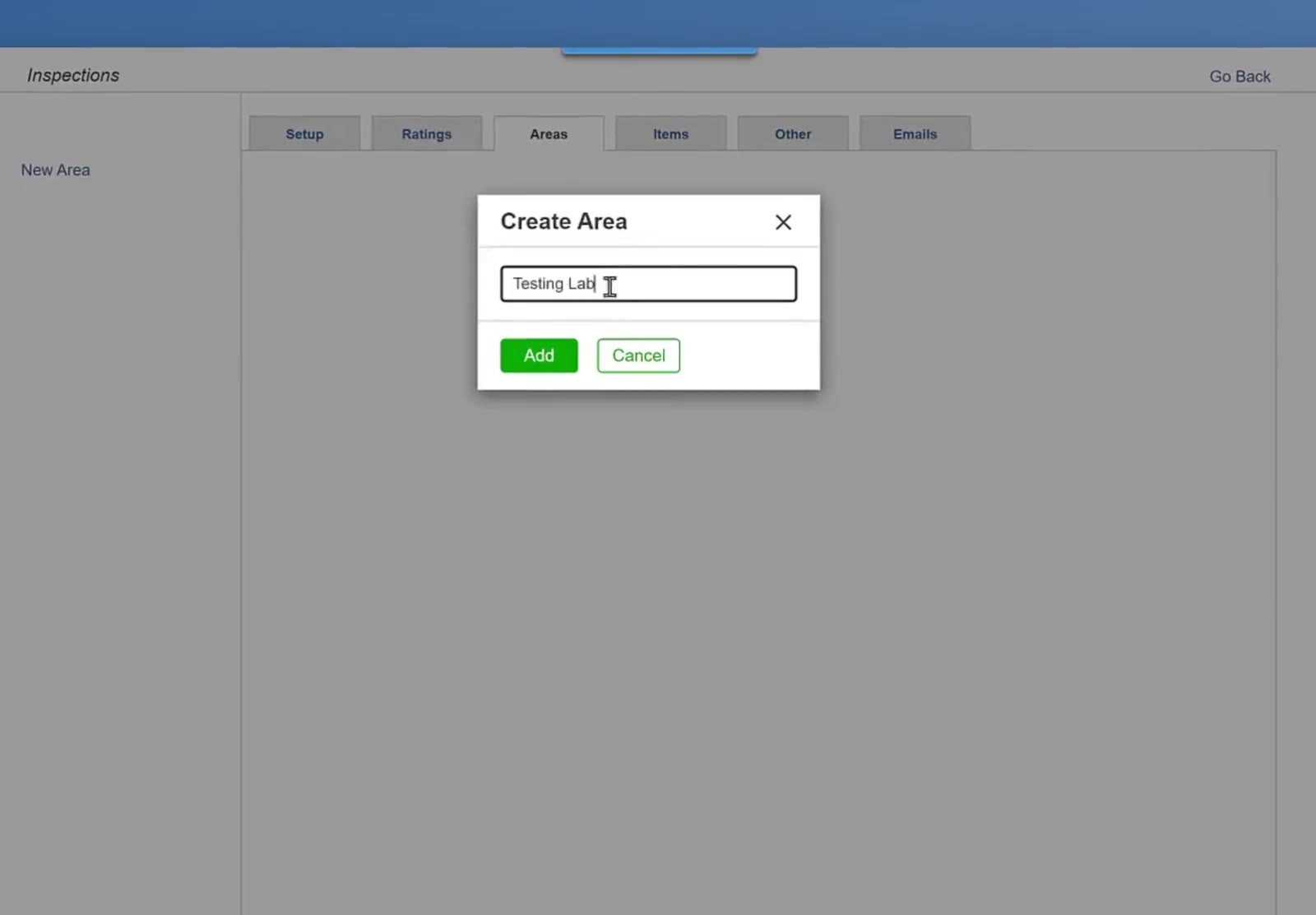 The Create Area box takes a name and an Add button.